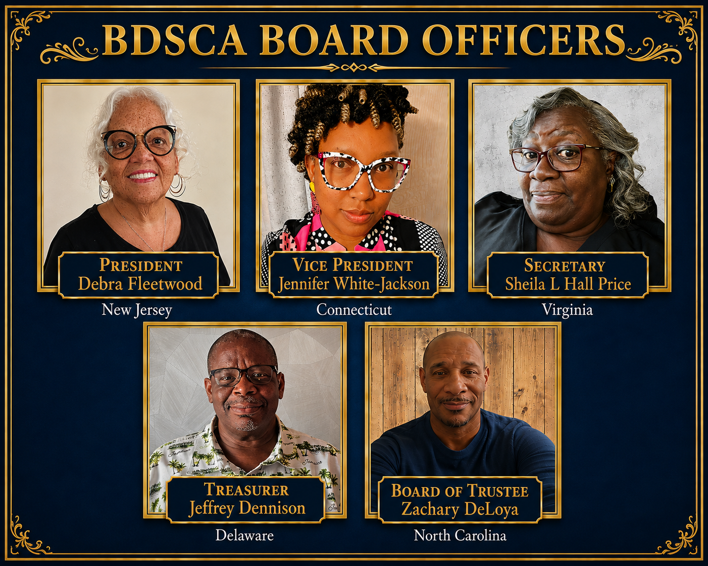 BDSCA Board Officers — Debra Fleetwood (President), Jennifer Jackson-White (Vice President), Sheila L Hall Price (Secretary), Jeffrey Dennison (Treasurer), Zachary DeLoya (Board of Trustee)